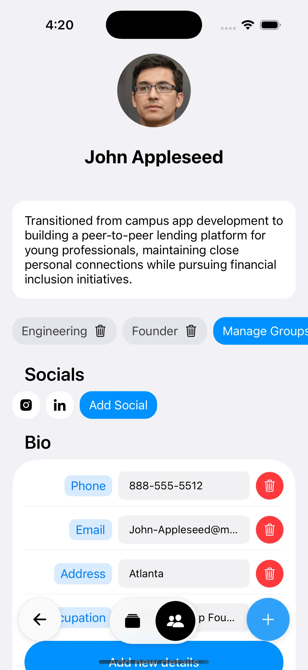 Contact Details - Comprehensive profile with interaction history