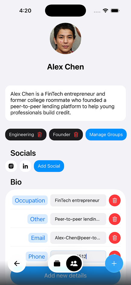 Contact Details - Comprehensive profile with interaction history